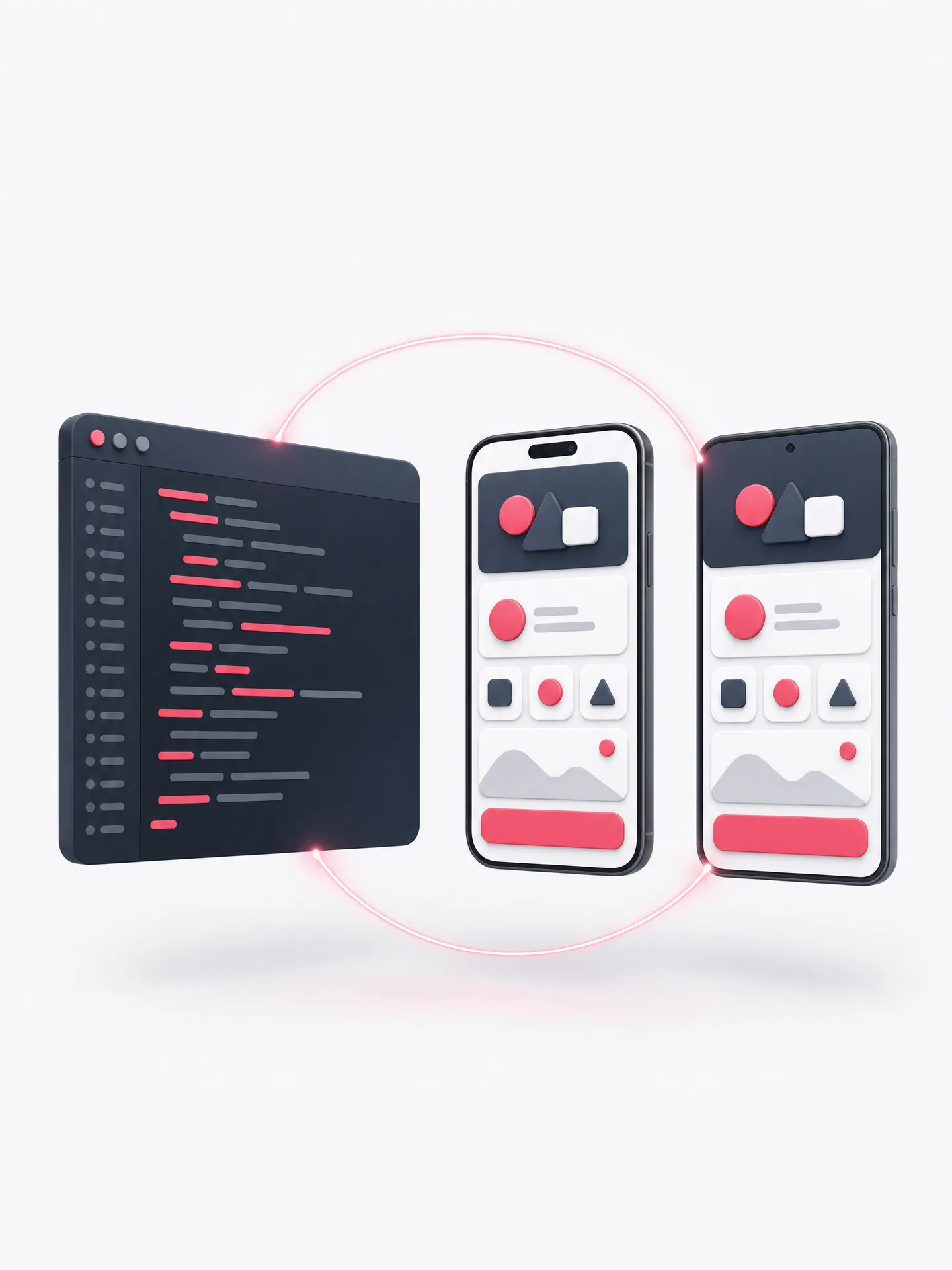 App mockup: the same app on iPhone and Android next to a code window