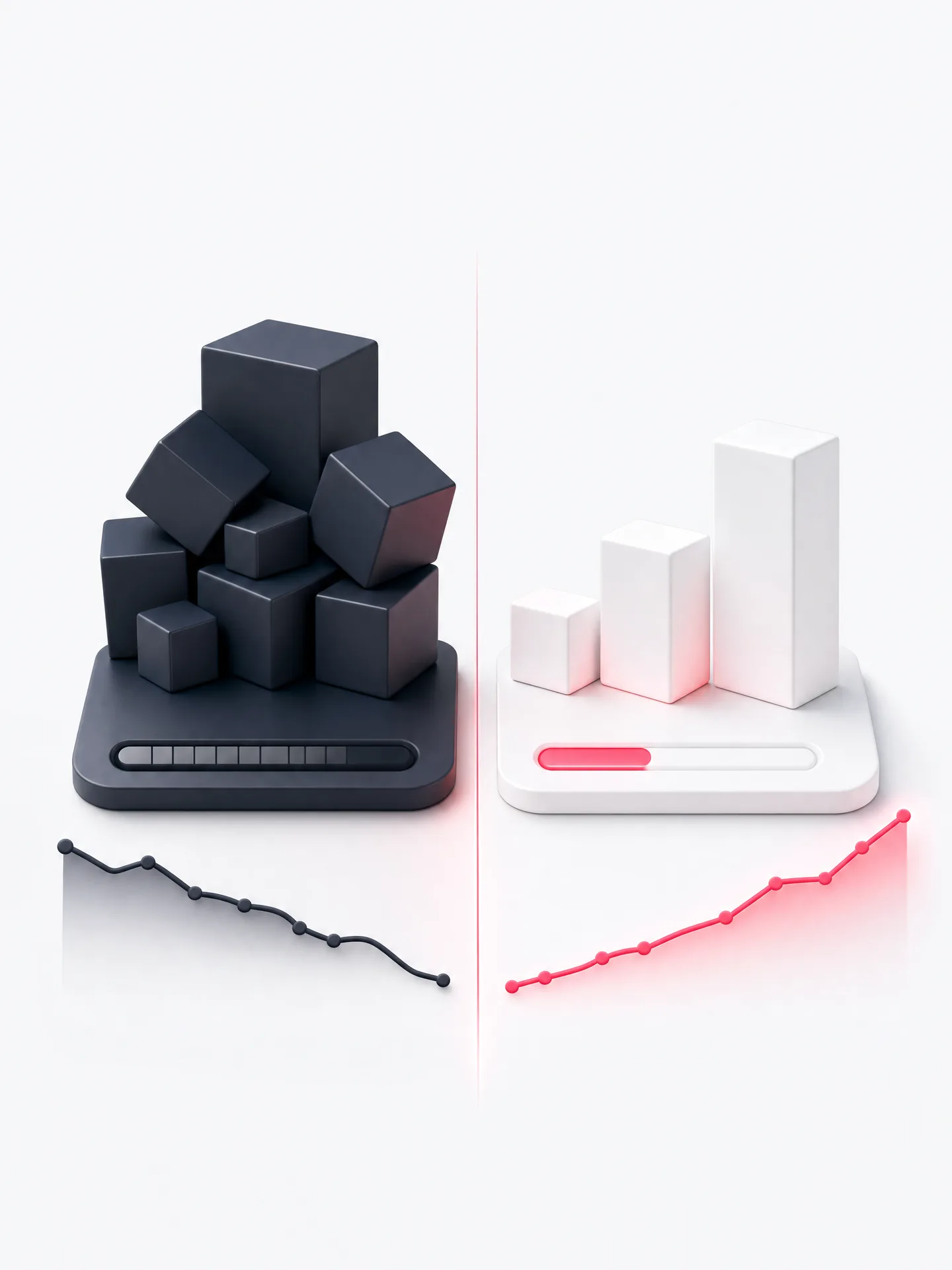 Abstract before-and-after comparison: sluggish, cluttered blocks become an ordered, fast-loading app