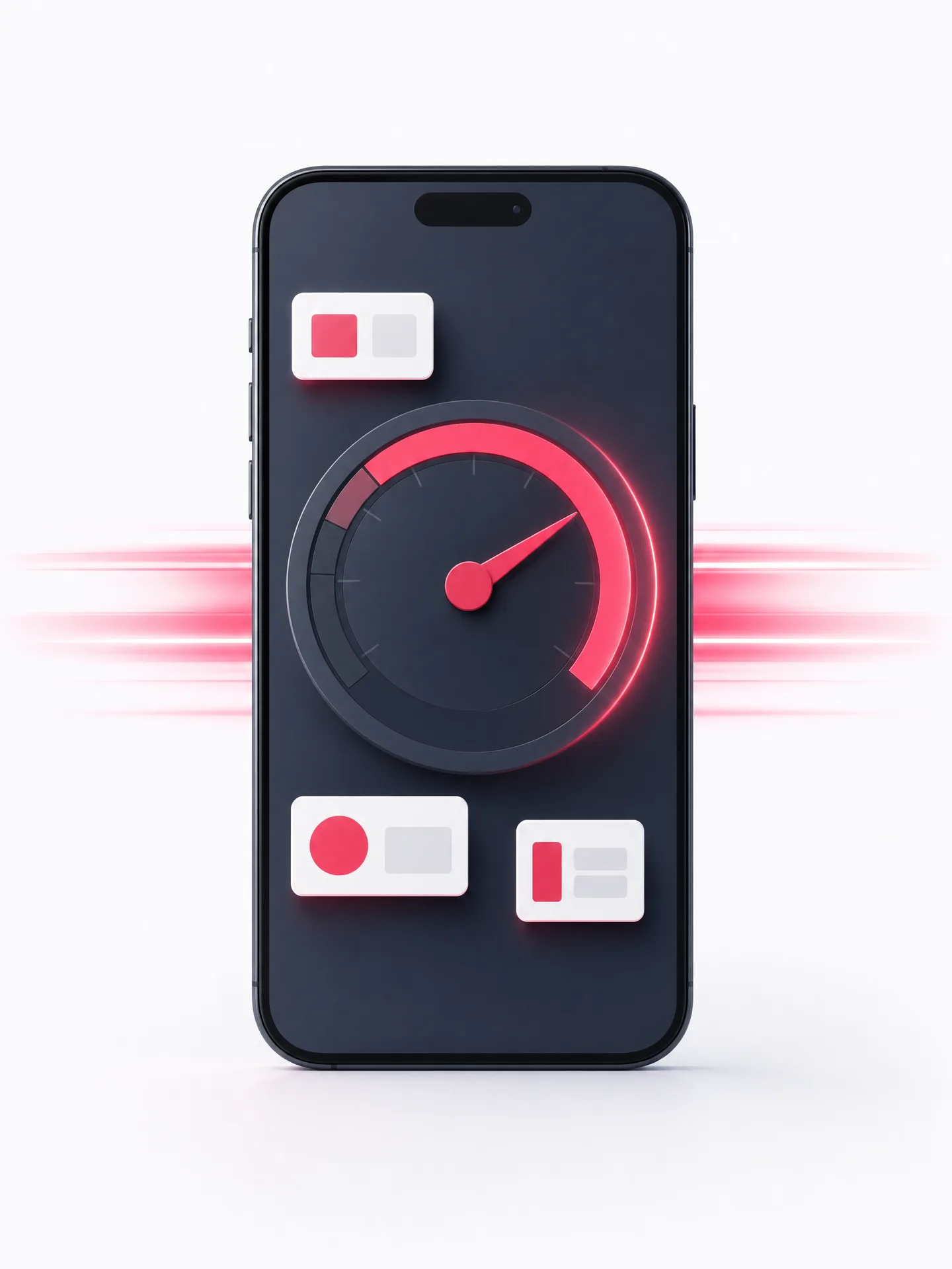 Smartphone mockup with a speed gauge symbolising measurably faster apps